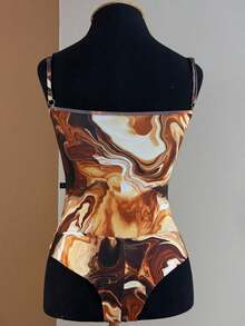 Bodysuit Swimsuit And Pareo Set Kit Premium Beach Cover-Up Bathing Suit Bodysuit - 棕色大理石紋印花 - 查看 6