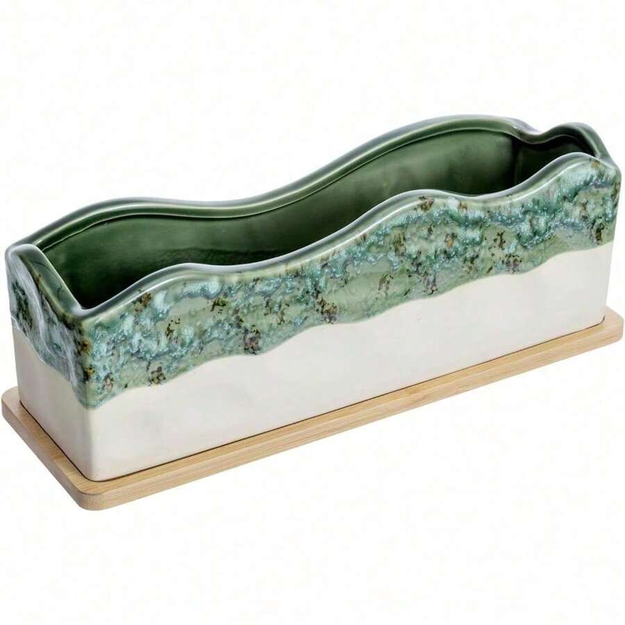 Large rectangular planter for succulents with removable bamboo tray - Multicolor - Ver 1