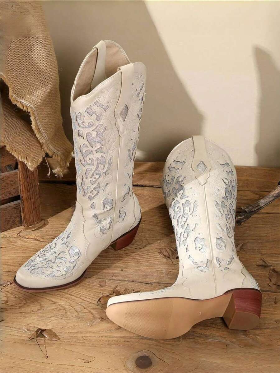Women's Wedge Heel Boots Pointed Toe Pull-On Retro Boot Low Chunky Heels Western Side Ankle Boots Mid-Calf Outdoor Summer Spring Shoes - 白色 - 查看 1