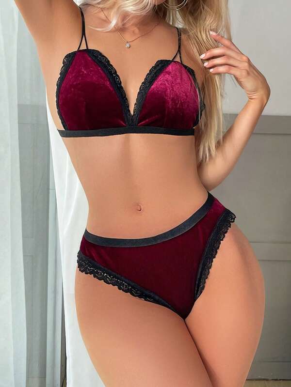 2pcs Women's Burgundy Sexy And Pure Desire Thin, Comfortable And Breathable Contrasting Lace Low Waisted Velvet Lingerie Suitable For Home Or Vacation Use, Sexy Lingerie