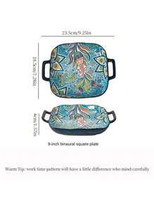 1pc Bohemian Style Ceramic Salad Plate With Dual Handles, Oven & Microwave Friendly Baking Dish For Pasta, Colorful Floral Design Tableware