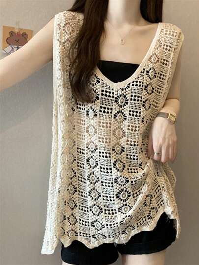 Summer New Vintage Hollow Out Knit Vest For Women, Loose Pullover Sleeveless Cover Up, Shrug Summer Outerwear