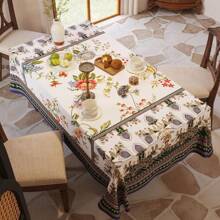 1 Pc Bohemian Style Rectangular Tablecloth, Vintage Linen Floral Striped Pattern Design For Home Living Room Kitchen Decoration, Party Picnic Gathering Dining Event, Home Decor