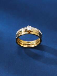 Conjunto de 3 anéis de aço inoxidável com zircônia cúbica, banhados a ouro 18K, hipoalergênicos, estilo elegante, adequados para uso diário e festas femininas, presente