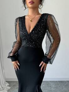 Vestido largo sexy y elegante para mujer, con mangas acampanadas, cuello en V profundo, adelgazante, largo fruncido, entallado, abertura para cóctel, fiesta - Negro - Ver 5