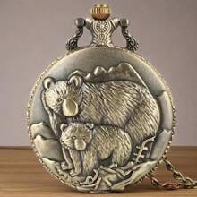 1pc Classic Vintage Style Dual Bear Design Big Size Necklace Pocket Watch, Suitable As Gift For Men And Women
