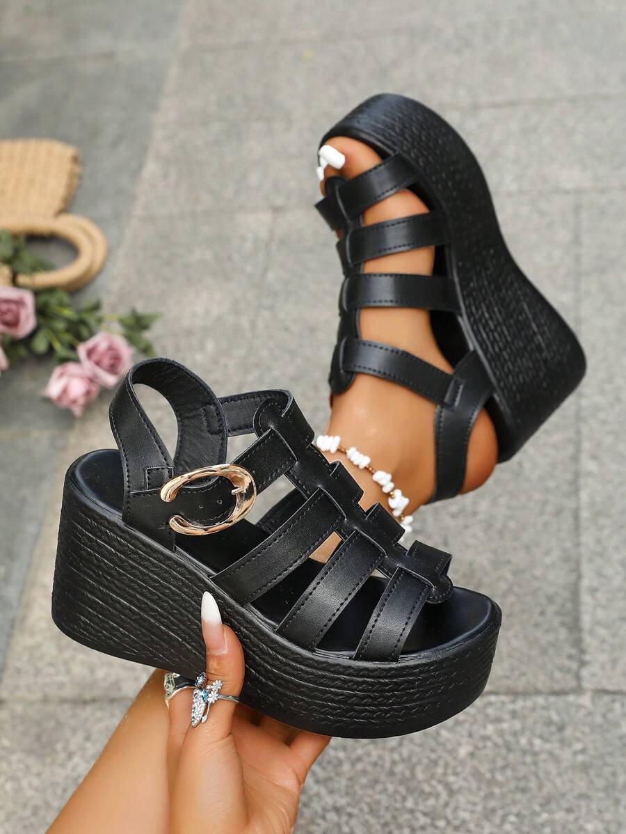 Sandálias de Plataforma com Cunha Romana de Plus Size para Mulheres, Cor Sólida com Fivela de Metal, Tecido Macio e Respirável, Adequado para Uso Diário, Reuniões, Casual com Calças ou Saias, Moda e Conforto, Essencial para o Guarda-roupa