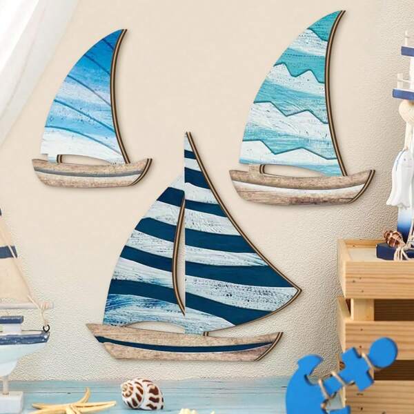 3 pièces/set de décoration murale en bois avec motif de bateau à voile d'été, convient pour la décoration murale de cuisine de style ferme, la décoration de salle de séjour et de salle à manger, décoration murale de cuisine rustique