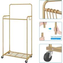 Simple Ing Double Rod Clothes Garment Rack Heavy Duty Clothing Rolling Rack On Wheels For Hanging Clothes With 4 Hooks Gold - Gold - View 3