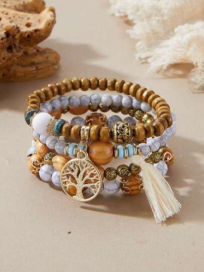 4 Peças Conjunto de Pulseiras Bohemian com Pendente de Árvore de Borla, Contas de Madeira, Pulseira Boho Feita à Mão, Multicamadas e Multicolorida, Unissex
