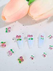 16件套樱桃美甲装饰品，闪亮奢华粉色樱桃Y2K法式风格，适合夏季假日美甲，金属合金美甲配件，可爱樱桃美甲宝石和水钻，混合尺寸和颜色 - 查看 4
