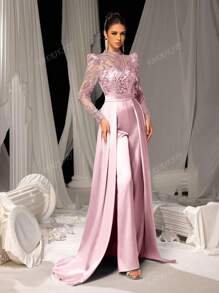 Faeriesty Elegant Satin Jumpsuit With Glittering Sequin Embroidery & Floor-Length Trail | Luxury Evening Wear For Black Tie Galas, Weddings, Formal Events