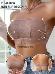 Women's Lace Patchwork Front-Fastening Wireless Bra - Apricot - View 1