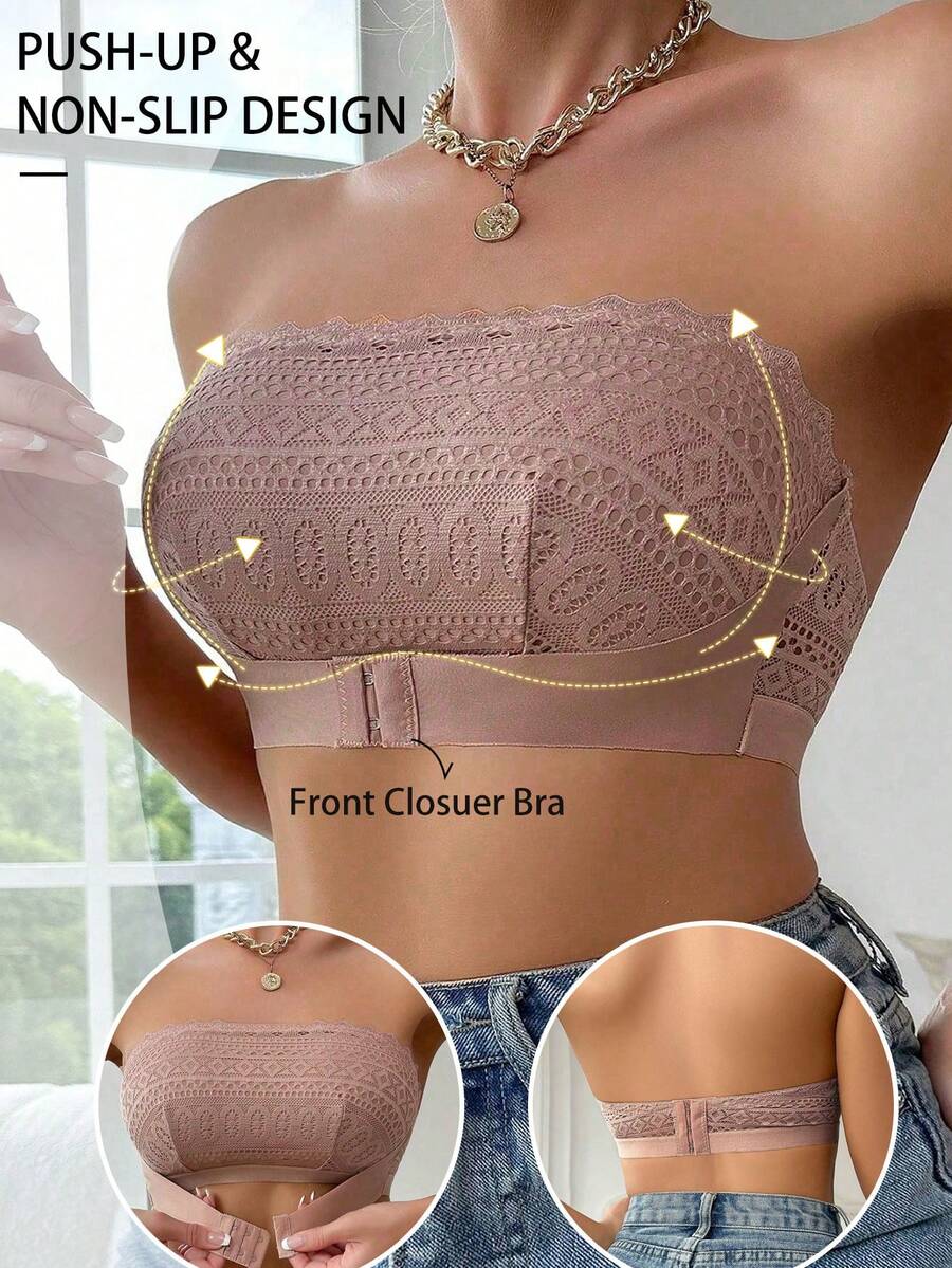 Women's Lace Patchwork Front-Fastening Wireless Bra - Apricot - View 1
