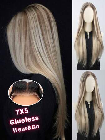 SALLYWELL Blond 7x5 Glueless Frontal Peruk Highlight Blond 7x5 Spets Front Peruk Wear&Go Pre Plocked Glueless Lång Rak Ombre Blandad Brun Syntetisk Spets Front Peruk För Kvinnor Med 5 Inch Deep Del 26 Inches