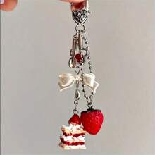 Y2K Crystal Glaze Cake Charm, Gold Heart Shape Buckle Bow Decor, Strawberry Lover Lady Bag Charm/Accessory