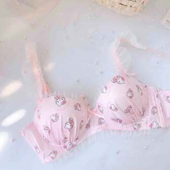 Sanrio 2 pièces de sous-vêtements mignons pour filles japonaises avec un nœud, sans cercle en acier, à motif chat Meow rose. Soutien-gorge caché avec petit buste et culotte assortie. Idéal pour la rentrée scolaire.