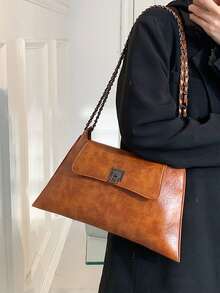 Fashionable Elegant Street Vacation Solid Color Chain Vintage Versatile Shopping Envelope Shoulder Tote Bag - Brown - View 8