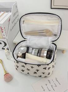 1 Black & White Color Matching Cosmetic Bag With Bow Pattern, Multifunctional Makeup Storage Bag