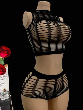 Women's Exotic Fishnet Lingerie Set - Sexy See-Through Cut-Out Bra And Thong - Seductive Underwear For A Sensual Night, Rave