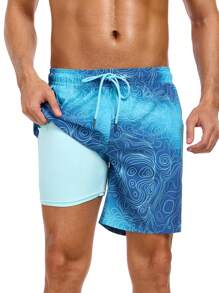 Nouveau style 2 en 1 Shorts de sport bleus pour hommes, Maillots de bain 5 pouces à séchage rapide, Shorts de plage avec doublure de compression, Maillots de bain pour hommes, Shorts de bain VG552-2