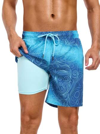New Style 2 In 1 Men's Swim Trunks Blue Sports Men's Shorts 5 Inch Quick Dry Workout Beach Shorts With Compression Liner Bathing Suits For Men Swim Shorts VG552-2