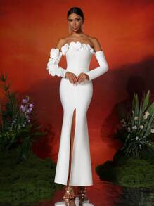 Love Aing LOVE Aing Women's Handmade 3D Floral Strapless Long Sleeve Split Hem Sexy Bandage Cocktail Dress, Elegant For Prom, Semi-Formal Wedding Guest Attire, Suitable For Birthday, Graduation, Banquet, Homecoming