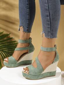 Women's New Summer Suede Thick Bottom Wedge High Heel Open Toe Sandals, Hollow Peep-Toe Zipper Closure High Heel Sandals,Travel Essential - Mint Green - View 3