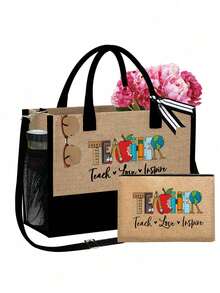 黄麻/帆布手提袋配化妆包，教师字母花卉图案，书籍，苹果和地球图案，可重复使用的购物手提袋和化妆包，带肩带的手提袋和化妆包，带侧袋的个性化礼品袋