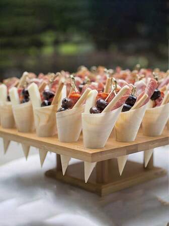 10/20/50/100 قطعة مخاريط خشبية للتذوق الطعام مع 50 قطعة من أعواد البامبو للمشروبات، مخاريط خشبية قابلة للتخلص منها لتقديم المقبلات والأطعمة الخفيفة وحامل الآيس كريم للحفلات المنزلية والفعاليات المقدمة والبوفيهات