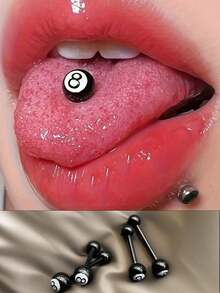 1件黑色钛钢8球舌钉，杠铃式舌系带穿孔，朋克极简风格，适合日常佩戴和派对，男女通用