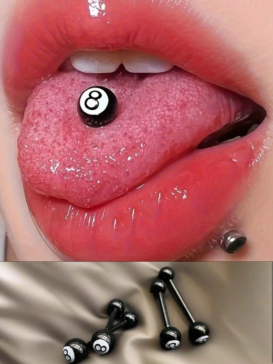 1件黑色钛钢8球舌钉，杠铃式舌系带穿孔，朋克极简风格，适合日常佩戴和派对，男女通用