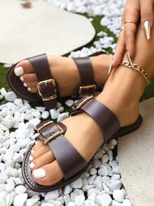 New Flat Sandals With Double Buckle, Open Toe Retro Minimalist Lightweight Beach Sandals, Available In Brown, Black, White, Coffee Color, Adjustable Strap - Burgundy - View 7