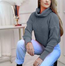 Women's Cold Weather Blouse Turtleneck Knitted Sweater - Dark Grey - View 5