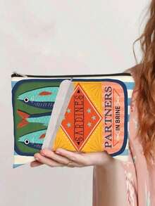 Unisex Adult Canvas Makeup Bag, Hypoallergenic Makeup Pouch, Fashion Sardine Print Zipper Makeup Bag, Polyester Double-Sided Printing With Lining Handbag, Christmas Gift For Friends - Multicolor - View 9