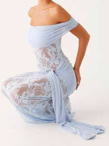 Vestido largo de noche para mujer, manga corta, hombros descubiertos, sin tirantes, anudado, ajustado, de encaje. - Azul - Ver 8