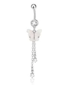 1/7 piezas Anillo para el ombligo con colgante de campana, mariposa o luna, de piedra natural, adecuado para uso diario - Plateado - Ver 13