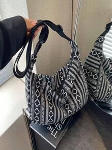 1 Piece Canvas Shoulder Bag With Custom Name, Foldable Horizontal Bag With Zipper Closure, Striped Pattern, Banner Theme, Washable Painted Edge Lining - Black - View 14