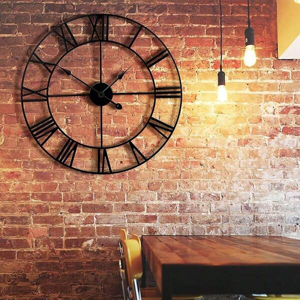 1pc Black Iron Retro Roman Numeral Clock, European Vintage Metal Living Room Wall Clock, Creative Hollow Round Decorative Clock Home Decor Back To School Room Decor School Supplies