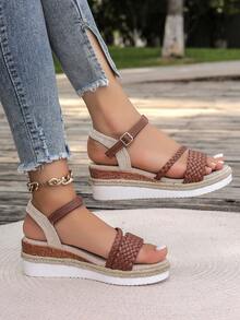 WRCVS Sandalias trenzadas en color marrón para mujer, con tiras, cuña de verano, suela gruesa, de plataforma con suela de cuerda en estilo bohemio - Marrón - Ver 4