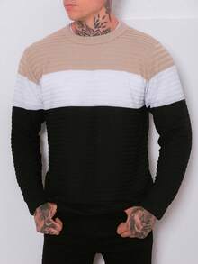 Men's Knitted Sweater Cold-Weather Blouse Round Neck Long Sleeve Wool Blouse - Beige - View 1