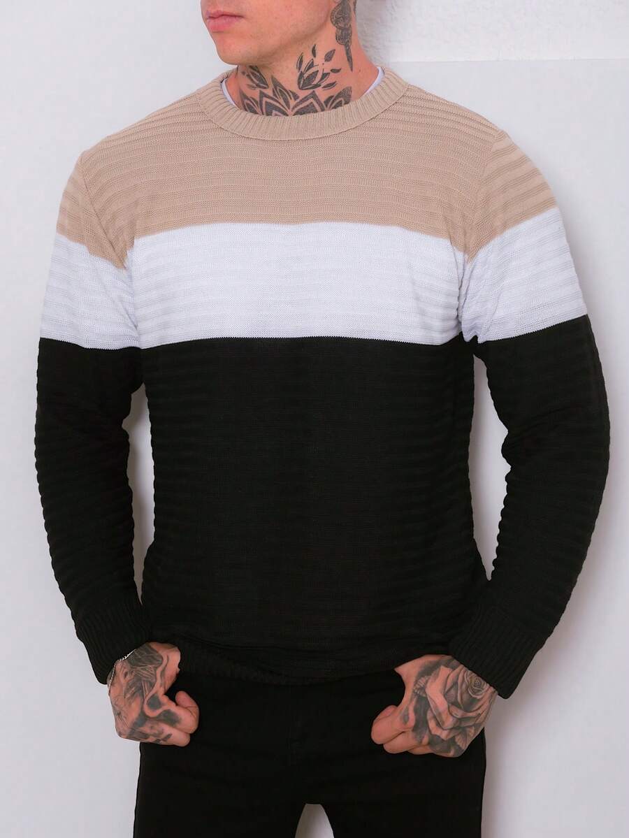 Men's Knitted Sweater Cold-Weather Blouse Round Neck Long Sleeve Wool Blouse - Beige - View 1