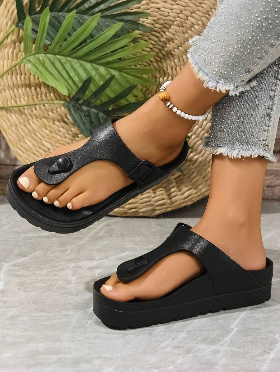 Damen Schwarze Sommer Slip-On Flache Plateau Zehentrenner mit Schnalle, Wasserfest, Rutschfest, Atmungsaktiv, Große Größen Strand Flip-Flops