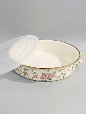 1pc 11 Inch Thick Enameled Baking Pan With Double Handles And Plastic Lid - Ideal For Outdoor Gatherings, Enameled Double-Ear Dish, Shallow Pot, Dumpling Plate, Tray, Lobster Plate, Grill Pan, Perfect For Stewing, Soup Pots And Serving Food, Snacks, Sushi, Pizza, Desserts - Compatible With Gas And Induction Cooktops, Ideal For Family Gatherings And Outdoor Picnics
