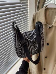 1 Piece Canvas Shoulder Bag With Custom Name, Foldable Horizontal Bag With Zipper Closure, Striped Pattern, Banner Theme, Washable Painted Edge Lining - Black - View 8