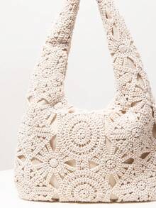Floral Hollow Knit Woven Women's Shoulder Bag, Bohemia Beach Bag Summer, Premium Style Tote Bags For Ladies, Travel Must Haves, Vacation Outfits Women, Wedding Items, Prom Bag (Pattern Random) - Apricot - View 4