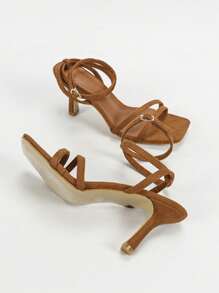 Women's Solid Color Fashion High Heel Sandals, Ankle Strap Thin Heels, Open Toe Criss-Cross Sandals, Camel Faux Suede High Heel Sandals