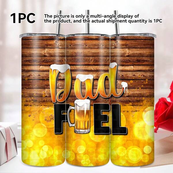 1pc20oz Brown And Yellow Contrasting Printed Insulated Coffee Cup, A Must-Have Gift For Father's Day, Suitable For Car, Outdoor, Office, Fitness And Sports, Made Of Stainless Steel, Can Keep Heat And Cold, Comes With A Cup Brush And Straw, And Has A Cup Lid.