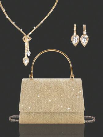 迷人而优雅的女士晚装手提包，精致而奢华的单肩包，配有闪闪发光的水钻装饰项链、手链、耳环套装，时尚的单肩包适合派对女孩、女士、新娘，非常适合派对、婚礼、舞会、晚宴/宴会。