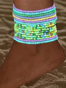 Set de 10 piezas de tobilleras elásticas de estilo bohemio y coloridas, adecuadas para hombres, mujeres, playa, fiesta, uso diario, regalo exquisito - Multicolor - Ver 1